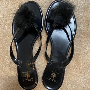 (SOLD) Black Sandals with Puff Ball